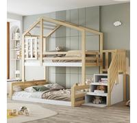 Lit superposé Zepneiy 90x200/140x200, Pin Naturel et Blanc, Protection Anti Chute, Cabane d'arbre avec tiroir, Lit Mezzanine pour Enfants