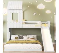 Lit superposés 90/140x200cm avec toboggans, lit mezzanine enfants avec Contre Les Chutes avec fenêtres et toits, blanc
