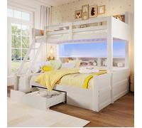 Lit superposés 90/140x200cm. lit enfant échelle, de plusieurs compartiments de rangement, 1 tiroir, bande LED. bois massif, blanc