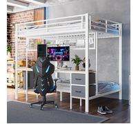 Lit Superposes 90x200 cm et 140x200 cm Fer avec tiroirs avec bureau, bande LED 7 couleurs, port USB Blanc