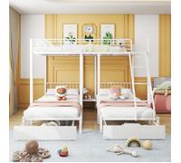 Lit superposés enfant 3 places 90/140x200cm, Lit triple avec 2 tiroirs, Lit simple avec balustrade et sommiers à lattes,métal,blanc