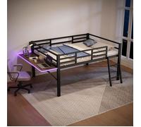 lit surélevé 140 x 200 cm Lit métallique Rampe Échelle Bureau Bande lumineuse LED télécommandée métal Noir Noir O.Ye No LIT COMBINE