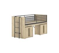 AltoBuy Marco - Lit Surélevé Combiné 90x200cm Plateau Coulissant avec Rangements 2P Aspect Chêne