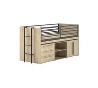 Lit Surélevé Combiné 90x200cm Plateau coulissant avec Rangements Aspect Chêne - MARCO -