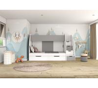 Lit surélevé d'enfant Lit superposé Lit boxspring Surface de couchage : 80/200 cm avec tiroirs Blanc/gris avec matelas Fantasy Martin