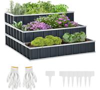 Lit surélevé en acier Outsunny Lit de jardin à 3 niveaux avec panneaux en forme de T Gants pour plantes Lit de plantes Herbier Escalier à fleurs pour balcon Jardin Gris foncé 118 x 118 x 62 cm