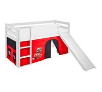 Lit surélevé - LILOKIDS - JELLE - 90 x 190 cm - Blanc laqué - Avec rideaux et toboggan