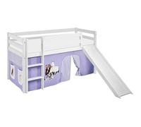 Lit surélevé ludique JELLE 90 x 190 cm Chevaux lilas beige - LILOKIDS - avec rideaux et toboggan