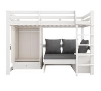 Lit surélevé pour enfants,Lit d'enfant multifonctionnel, avec une échelle, canapé avec espace de rangement, avec étagère, sans matelas, bois massif, blanc, 90 x 200