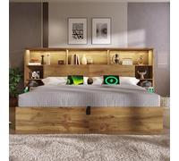 Lit système 180 x 200 cm, lit double en bois, avec tables de chevet intégrées, aspect chêne, coffre de rangement avec hydraulique, sommier à lattes et étagère pour tête de lit, LED USB-C, (sans