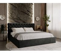 Lit Tapissé Chesterfield 180x200 cm Ali - Lit Double avec Tête de Lit & Sommier à Latte - Tiroir de Lit, Tissu Velours, Style Glamour (Noir - Magic Velvet 2219)