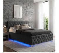 Lit - TECTAKE - Lit rembourré SEDONA en bois à l'aspect velours avec bandes LED et espace de rangement 120 x 200 cm - Noir