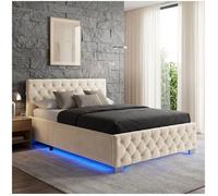 Lit - TECTAKE - Lit rembourré VENISE en bois à l'aspect velours avec bandes LED et espace de rangement 140 x 200 cm - Sable