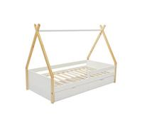 Lit tipi 90 x 190 cm avec tiroirs - Pin et MDF - Coloris : Blanc et naturel - LUANCO