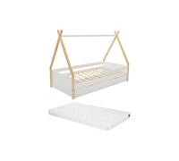 Lit tipi 90 x 190 cm avec tiroirs - Pin et MDF - Coloris : Blanc et naturel + Matelas - LUANCO