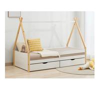 Lit tipi 90 x 190 cm avec tiroirs - Pin et MDF - Coloris : Blanc et naturel + Matelas - LUANCO