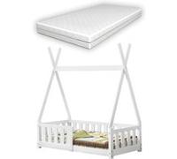Lit Tipi avec Matelas Orthopédique Helsingborg Blanc 140 x 70 cm [en.casa]