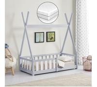 [en.casa] Helsingborg - Lit pour enfant - 70 x 140 cm - Avec matelas et protection anti-chute - Sommier à lattes - Tipi - Tente - Cadre de lit en bois de pin - Pour enfants - Gris clair