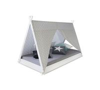 Homestyle4u 1847, Tipi Lit pour Enfant 90 x 200 cm Blanc Gris Bois Pin Tente avec étoiles