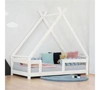 Lit Tipi enfant avec barrière bois massif blanc 80 x 160 cm Blanc G