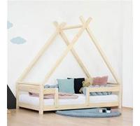 Lit Tipi enfant avec barrière bois massif naturel 90 x 200 cm Beige G