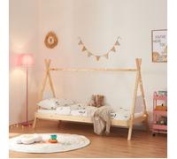 [en.casa] Lit Enfant en Forme de Tipi Lit Simple Style Tente avec Sommier à Lattes Standard Capacité de Charge 100 kg Bois de Pin Contreplaqué 90 x 200 cm Naturel Blanc