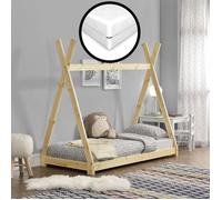 Lit Tipi pour Enfants avec Matelas Orthopédique Onejda Bois Naturel 80 x 160 cm [en.casa]