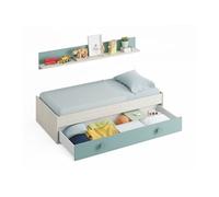 Lit tiroir CYANN sans sommier L201cm avec étagère murale - Blanc et Turquoise, Largeur - 90 cm