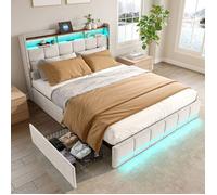 Lit Tiroirs 140x190 cm avec Rangements et éclairage LED, Lit Double avec Station de Recharge USB-C et USB, 4 Tiroirs, Lin, Beige