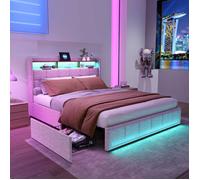 Lit Tiroirs 140x200 cm avec Rangements et éclairage LED, Lit Double avec Station de Recharge USB-C et USB, 4 Tiroirs, Lin, Beige