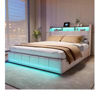 Lit Tiroirs 160x200 cm avec Rangements et éclairage LED, Lit Double avec Station de Recharge USB-C et USB, 4 Tiroirs, Lin, Beige