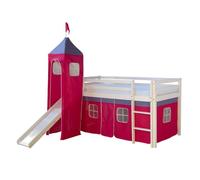 Homestyle4u Lit toboggan 2577 avec tour et rideaux Bois massif Rose 1 place