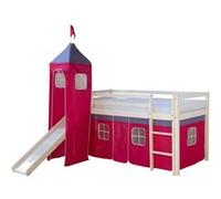 Homestyle4u Lit toboggan 2577 avec tour et rideaux Bois massif Rose 1 place