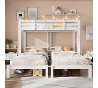 Lit triple 90x200cm x 3, lit superposé triple avec échelle pour enfants et adolescents, lit en fer avec barrière de sécurité et table (blanc)