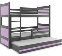 Lit Triple Rico 190 * 90, lit superposé avec le troisième lit gigogne, chambre pour enfants et garçons, matelas en mousse en hommage aubergine