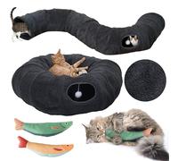 Lit tunnel pour chat avec tapis central, jouets en peluche douce, forme de pleine lune pour chaton, chat, chiot, lapin, furet avec 2 jouets en forme de poisson et sac de voyage (gris foncé)