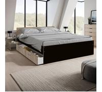 Lit TWIST 140x190+ 1 chevet + 1 tiroir / Décor Noir et chêne blanchi