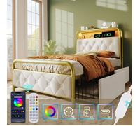 lit une place 90×200, avec fonction de charge USB Type C, contrôle par application, LED, lit coffre, 2 tiroirs, avec tête de lit