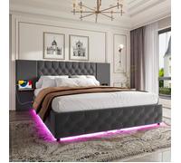 Lit Velvet Grey 140 x 200 cm avec cadre de lit LED O.Ye/espace de rangement/table de chevet intégrée/ports USB