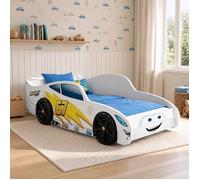 Lit voiture enfant blanc Cars avec roues 3D et sommier à lattes - 80 x 160 cm - avec matelas