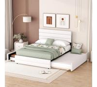 Lit140 x 200cm,Rembourré Cadre de lit avec lattes,Plateforme de lit avec double lit escamotable et double tiroirs ,Lit adult rembourré avec 2 tiroirs, Tête de lit en tissu en lin (sans matelas)White