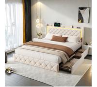 Lit160 x 200 cm, lit double 160x200 avec sommier, lit adulte avec LED et 4 tiroirs, cadre de lit, avec port USB, beige, velours