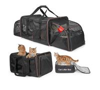 LitaiL Cage de Transport pour Chat avec bac à litière pour 2 Chats, Souple, Double Compartiment, Portable, Extensible, Voyage en Voiture, sur Route, jusqu'à 15 kg, Camping, randonnée, Noir