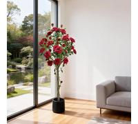 Litake Arbre Rosier Artificiel réaliste 150 cm - Fleurs Rouges en Soie, Feuillage Dense, Tronc Robuste - Décoration sans Entretien pour Salon, Bureau, entrée - en Pot Ventre Rond Noir
