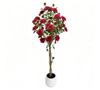 Litake Arbre Rosier Artificiel réaliste 150 cm - Fleurs Rouges en Soie, Feuillage Luxuriant, Facile d'entretien - Plante décorative Maison, Bureau, intérieur ou externeérieur - en Pot Ventre Rond