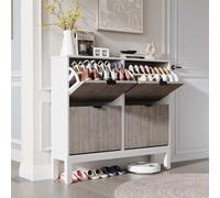 Litake Armoire à chaussures peu encombrante avec 4 compartiments rabattables - Commode étroite avec étagères réglables et pieds en métal - Design moderne pour couloir et entrée - Espace de rangement