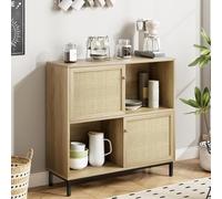 Litake Buffet avec 2 portes en rotin - Armoire de rangement en bois avec étagère ouverte - 101 x 94 x 30 cm - Chêne