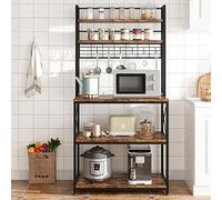 Litake Étagère de cuisine - Étagère sur pied pour cuisine - Étagère à micro-ondes avec 5 niveaux et 6 crochets - Étagère de cuisine noire avec plaque grillagée - Étagère de cuisine pour balcon,