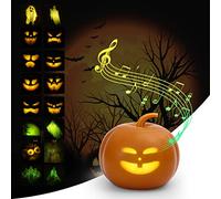 Litake Lampe de Projection Animée Citrouille Halloween, 16 Animations et Effets Sonores,Version Anglaise,Haut-parleur Projecteur Intégré pour Halloween Décoration Fête de Famille