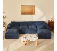 Litbird Canapé d'angle panoramique 340 cm, Chenille, 6 Places, Bleu Marine
